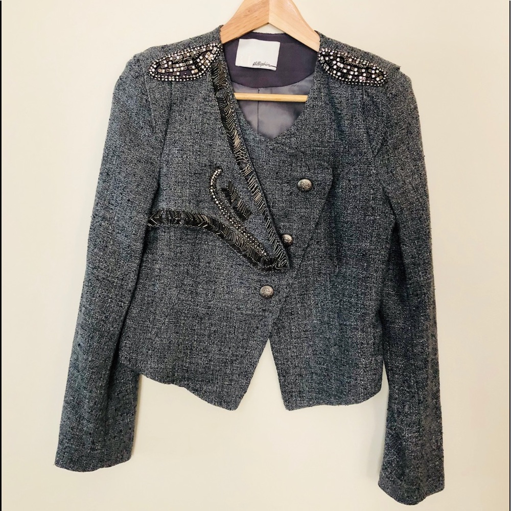 3.1 Phillip Lim Crop Gray Tweed beaded Jacket - S